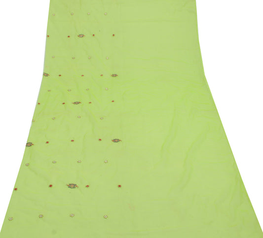 Sushila Vintage Green Sari Remnant Scrap Blend Georgette Embroidered Fabric