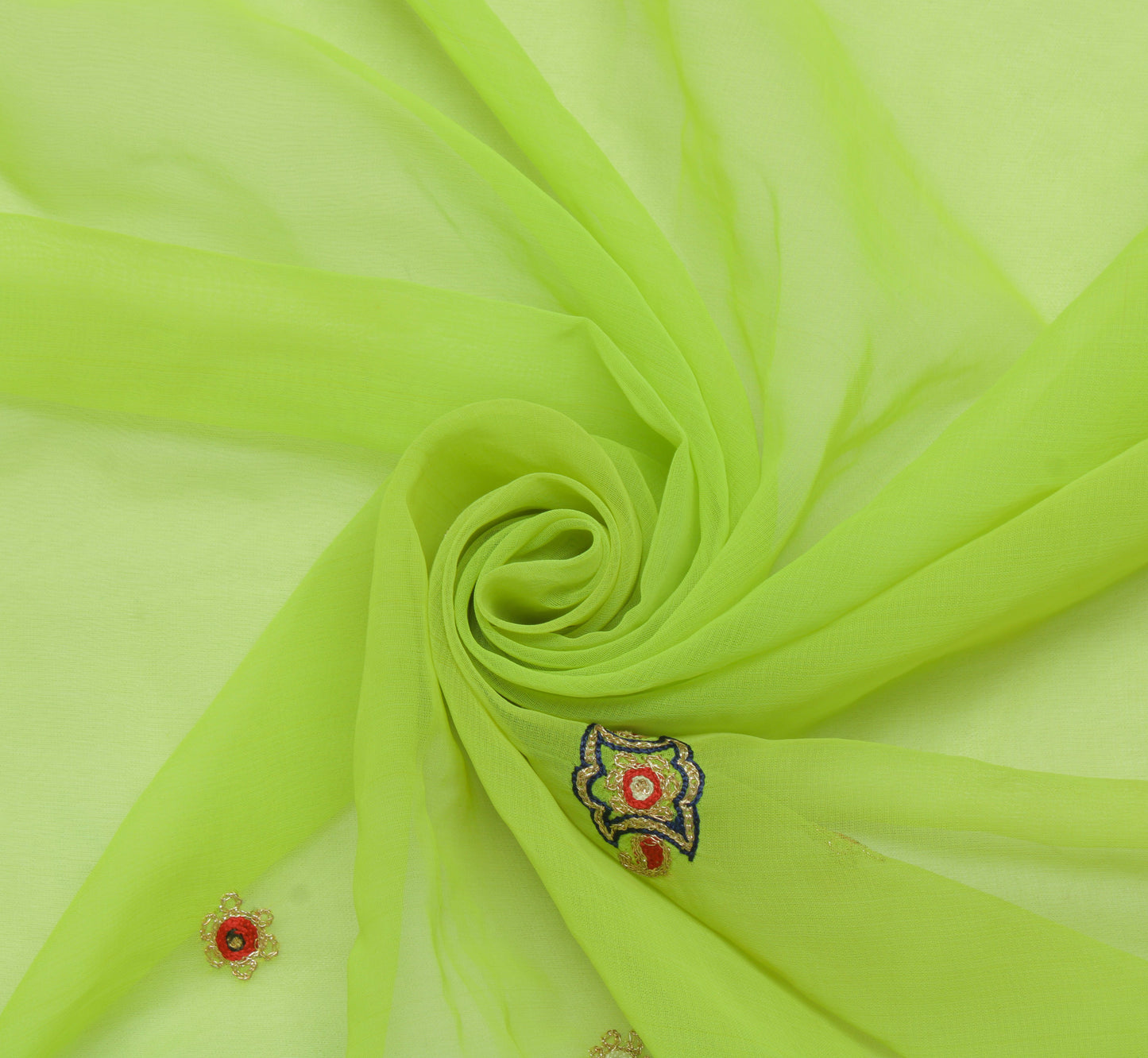 Sushila Vintage Green Sari Remnant Scrap Blend Georgette Embroidered Fabric