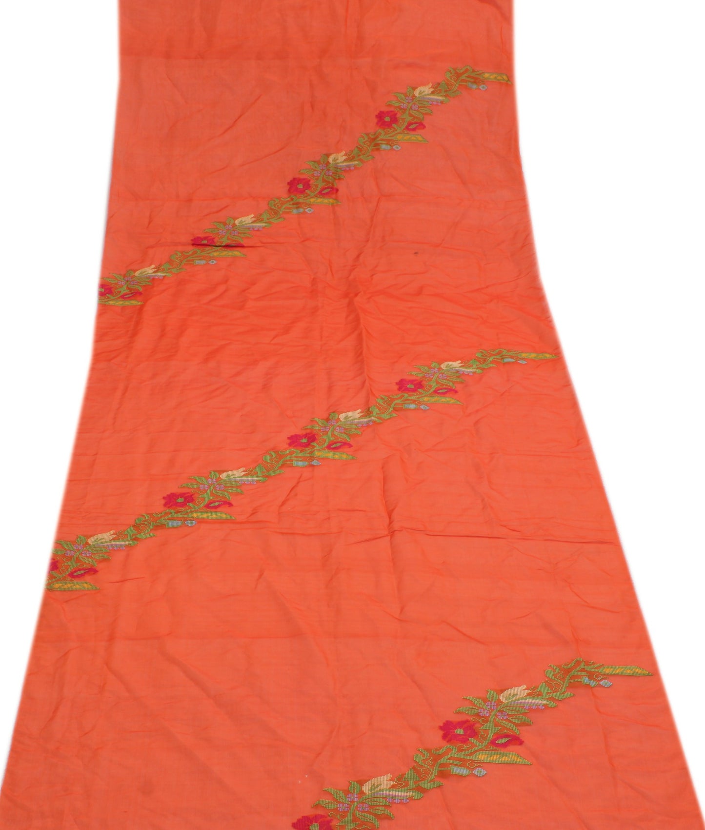 Sushila Vintage Orange Indian Sari Remnant Scrap Pure Silk Woven Craft Fabric