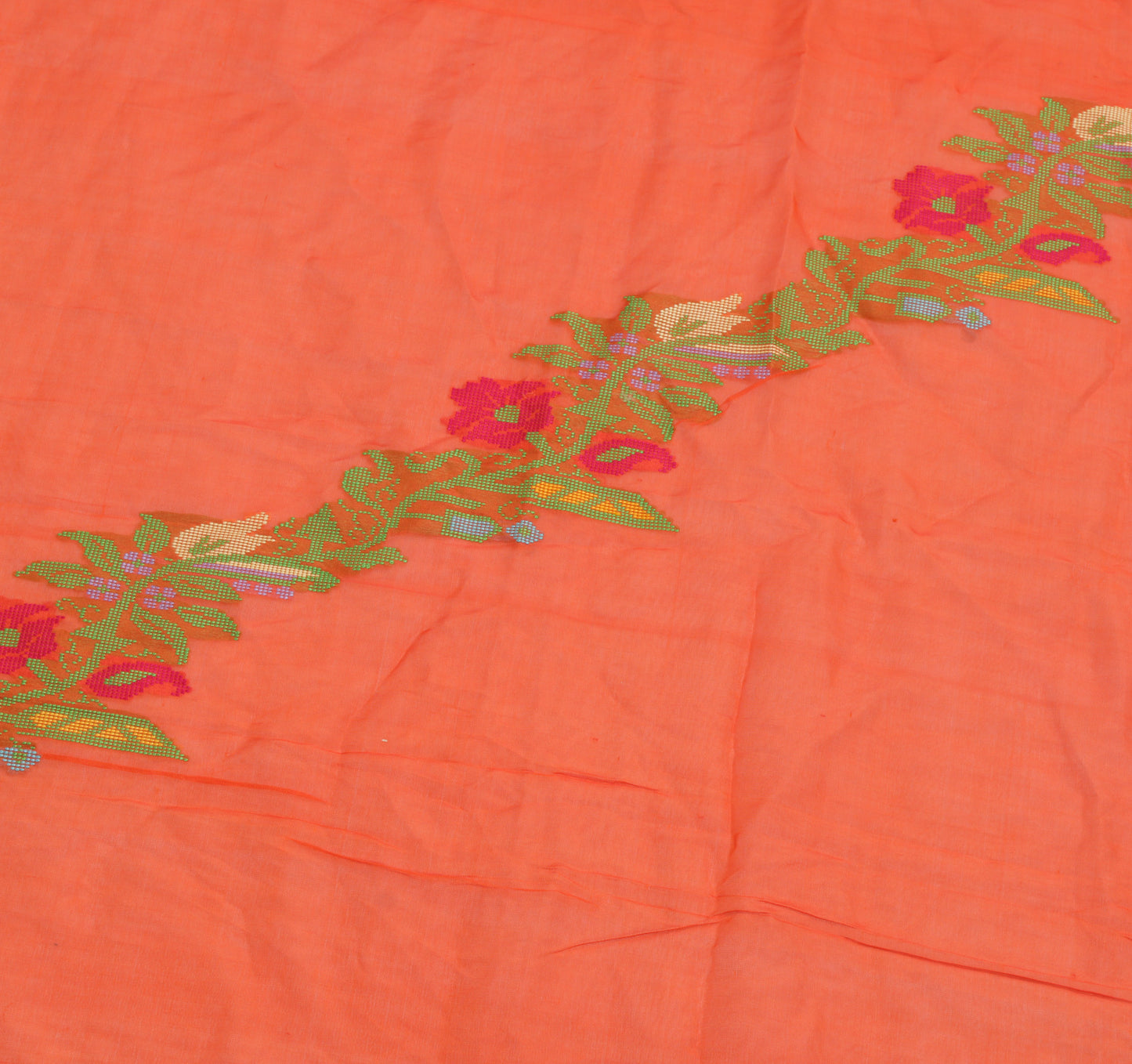 Sushila Vintage Orange Indian Sari Remnant Scrap Pure Silk Woven Craft Fabric