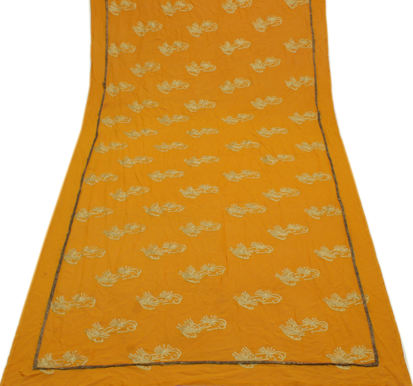 Sushila Vintage Mustard Sari Remnant Scrap Pure Georgette Embroidered Fabric