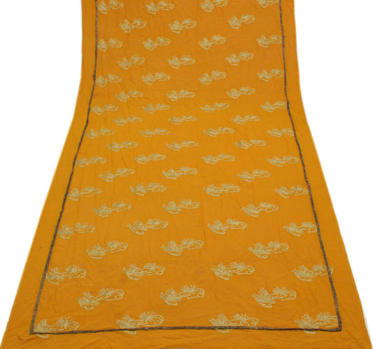 Sushila Vintage Mustard Sari Remnant Scrap Pure Georgette Embroidered Fabric