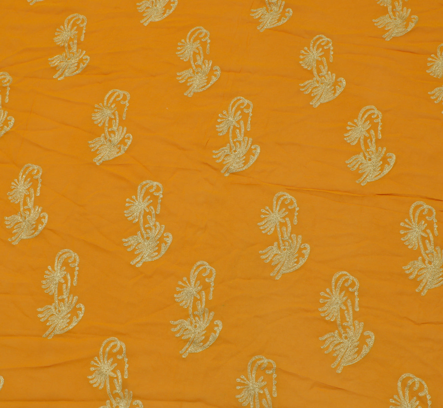 Sushila Vintage Mustard Sari Remnant Scrap Pure Georgette Embroidered Fabric