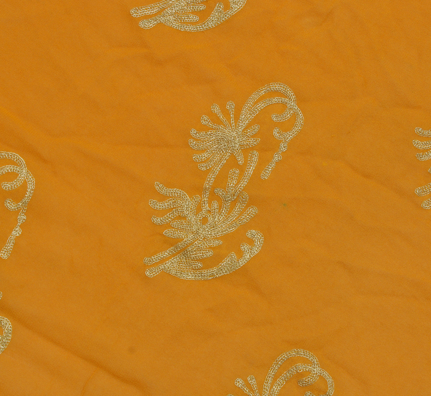 Sushila Vintage Mustard Sari Remnant Scrap Pure Georgette Embroidered Fabric