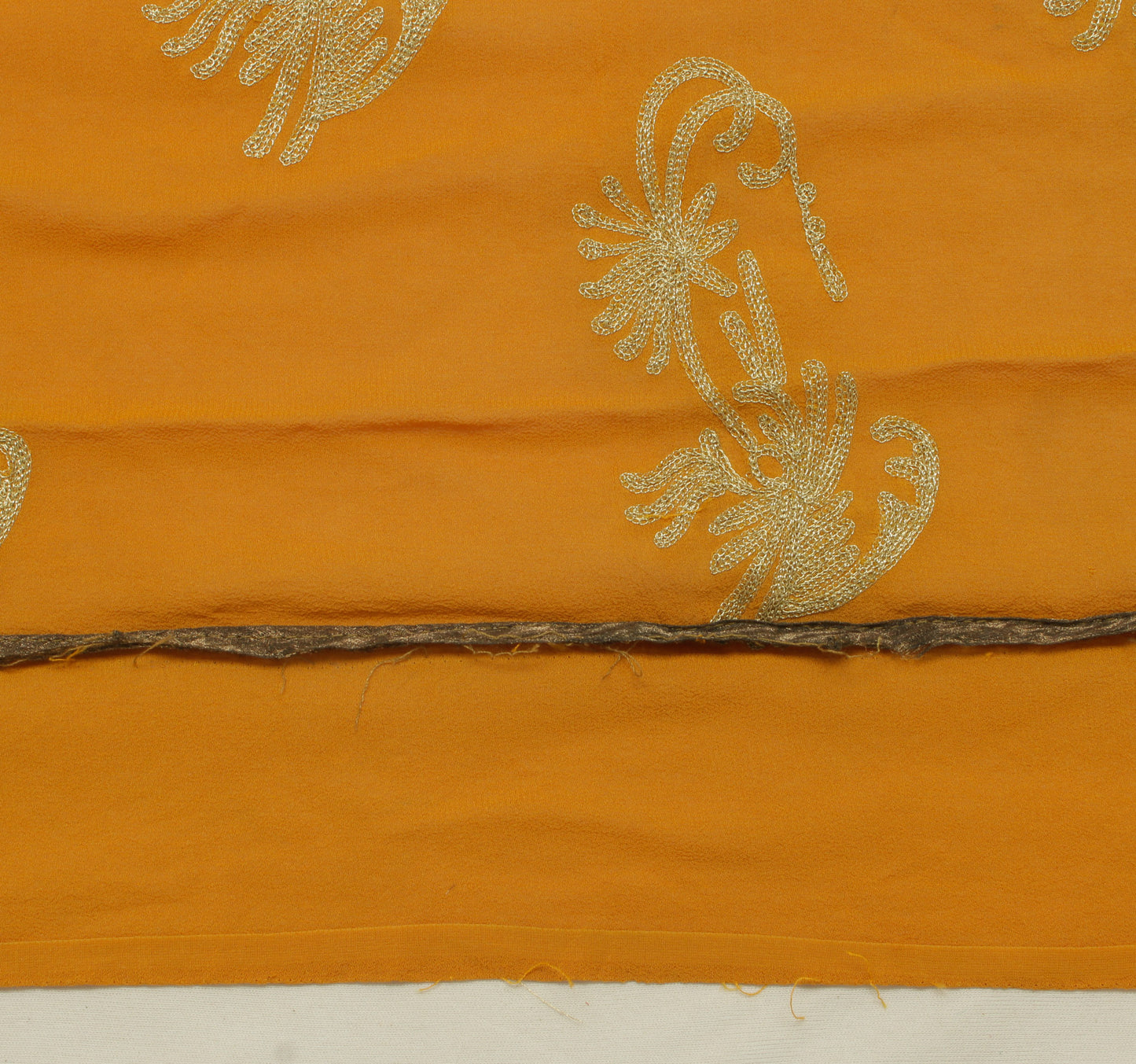 Sushila Vintage Mustard Sari Remnant Scrap Pure Georgette Embroidered Fabric
