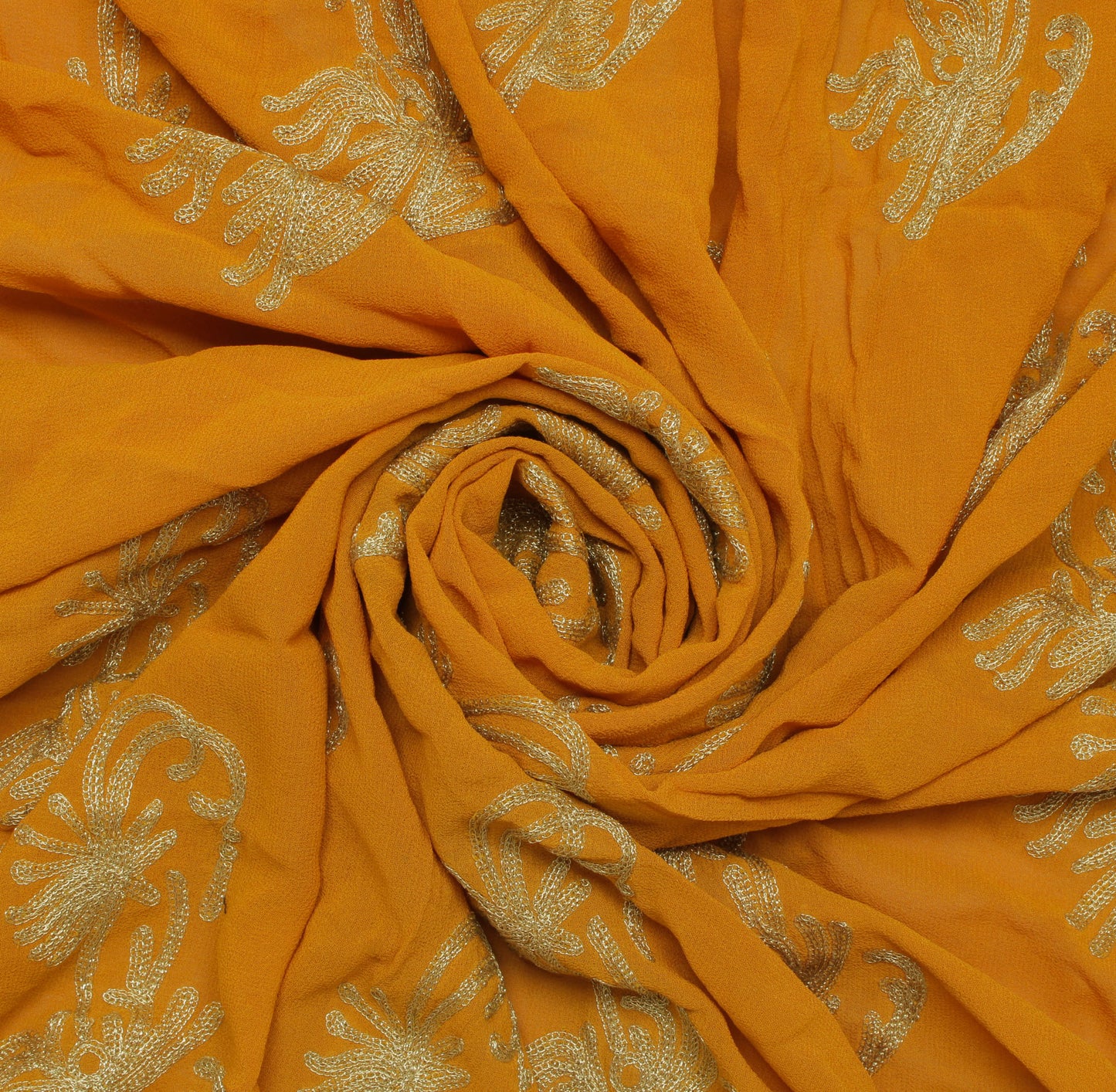 Sushila Vintage Mustard Sari Remnant Scrap Pure Georgette Embroidered Fabric