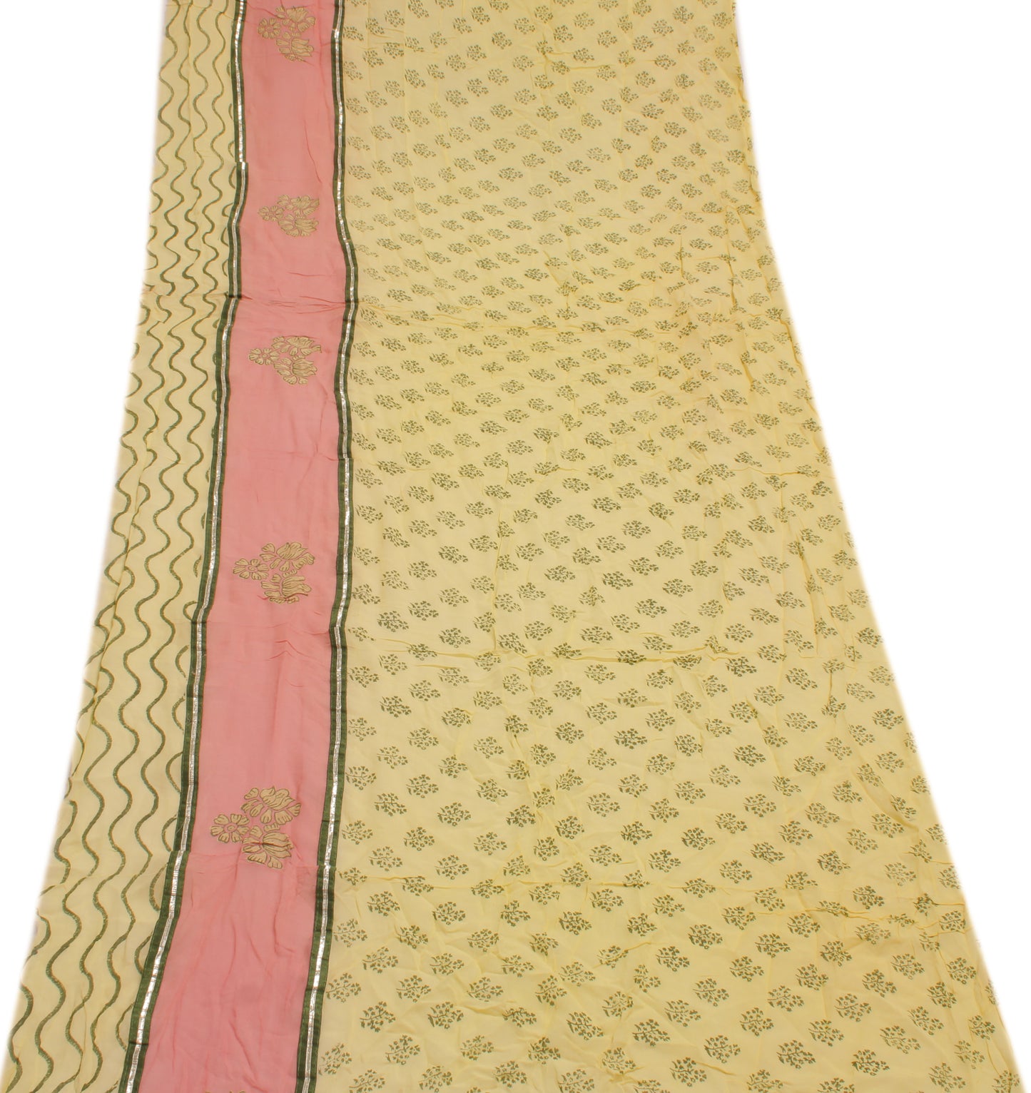 Sushila Vintage Yellow Sari Remnant Scrap Blend Georgette Printed Craft Fabric