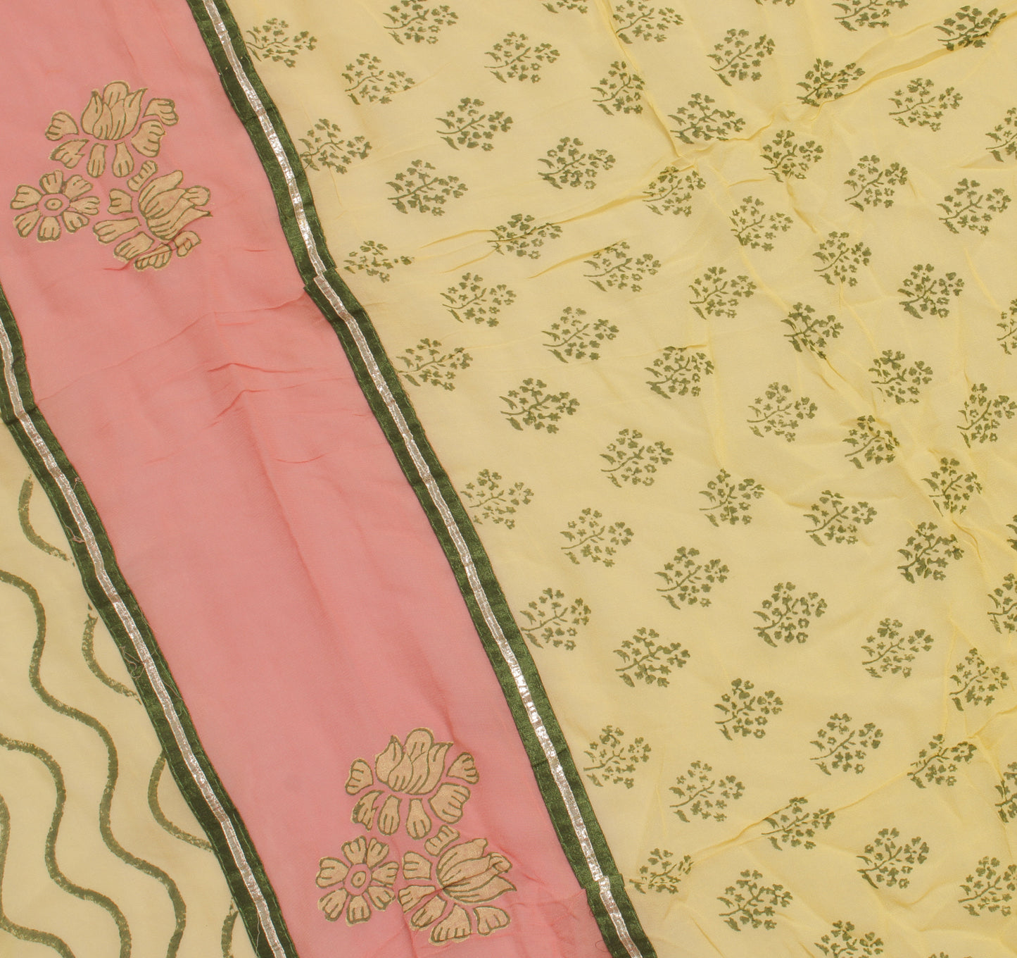 Sushila Vintage Yellow Sari Remnant Scrap Blend Georgette Printed Craft Fabric