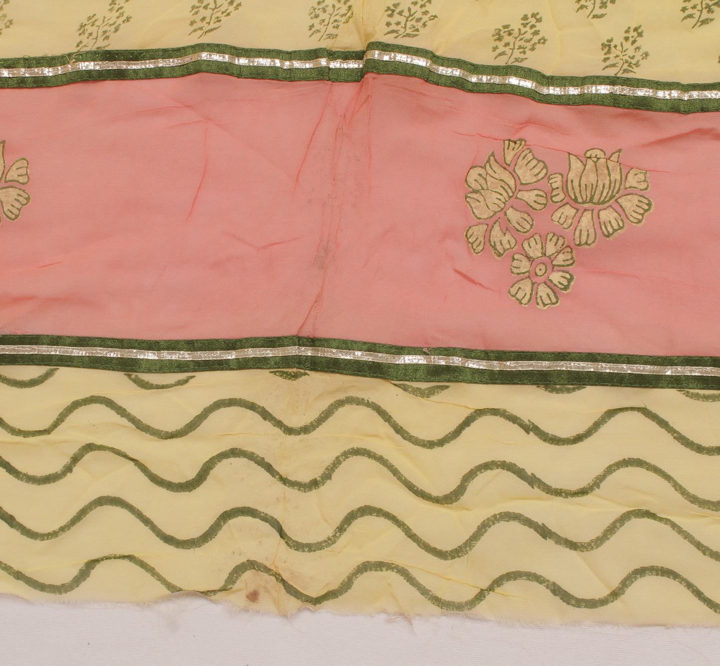 Sushila Vintage Yellow Sari Remnant Scrap Blend Georgette Printed Craft Fabric