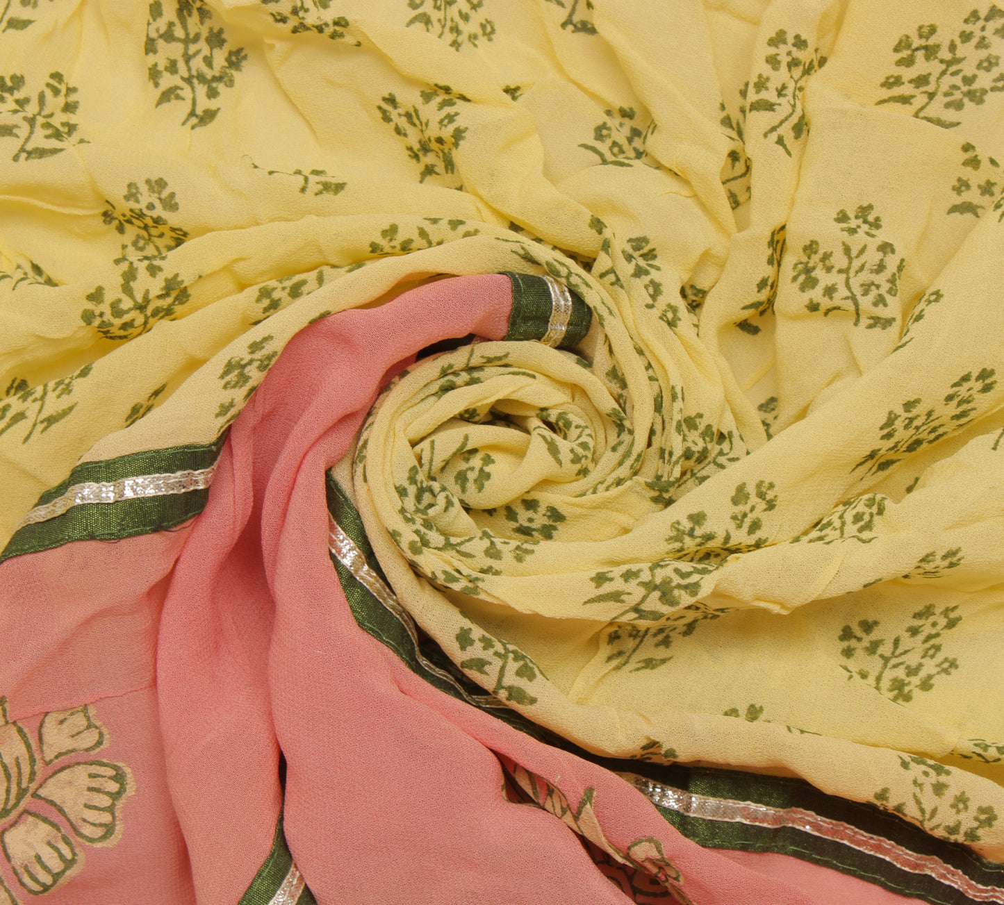 Sushila Vintage Yellow Sari Remnant Scrap Blend Georgette Printed Craft Fabric