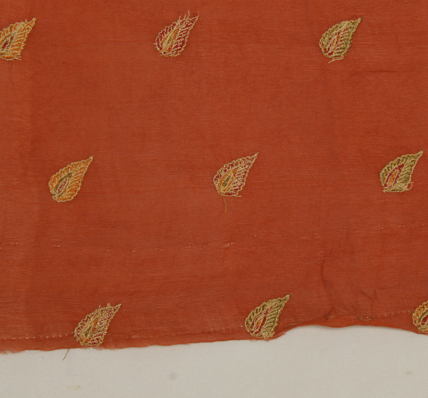 Sushila Vintage Rust Sari Remnant Scrap Pure Chiffon Embroidered Craft Fabric