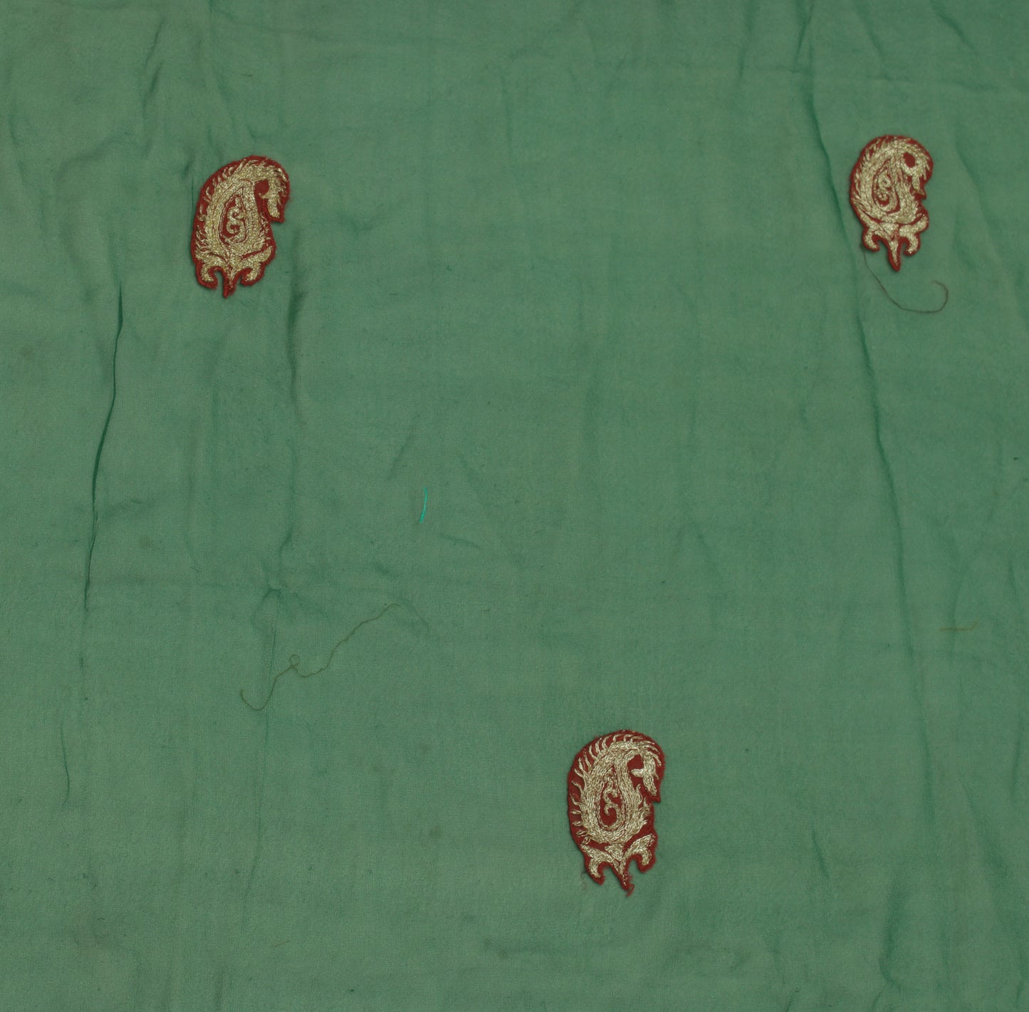 Sushila Vintage Green Sari Remnant Scrap Pure Georgette Embroidered Craft Fabric