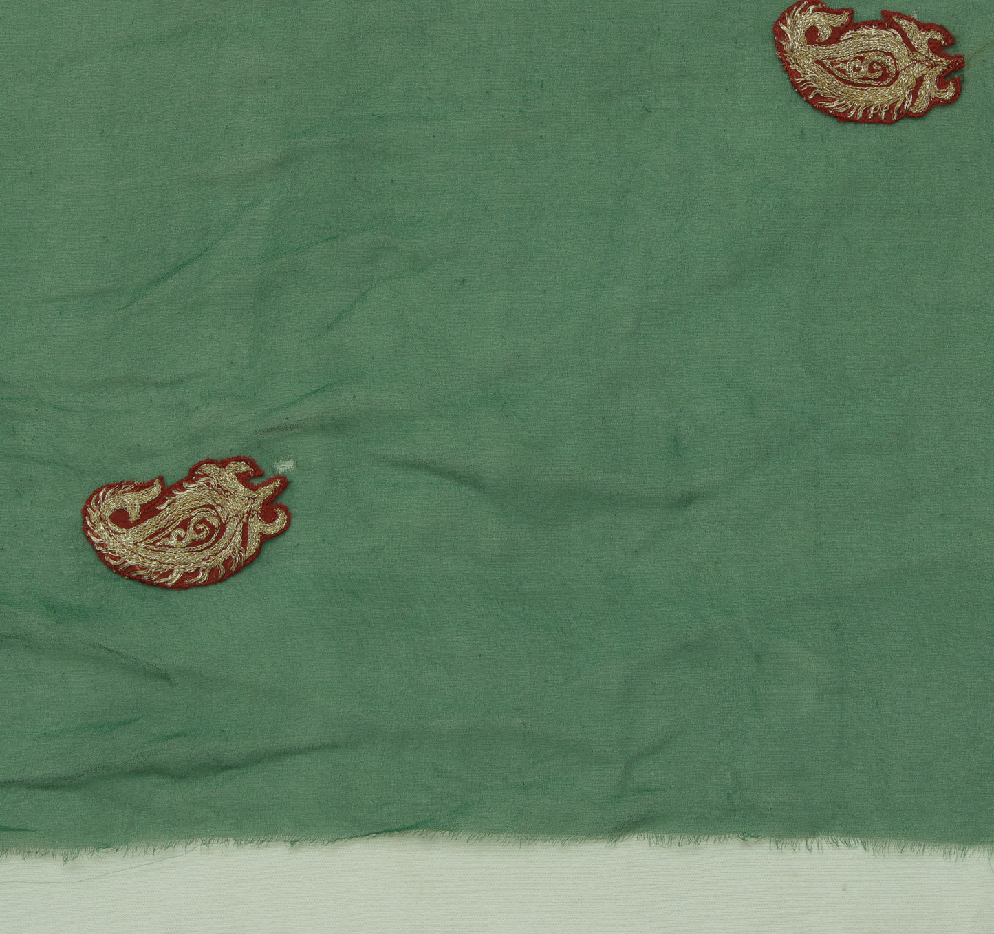 Sushila Vintage Green Sari Remnant Scrap Pure Georgette Embroidered Craft Fabric