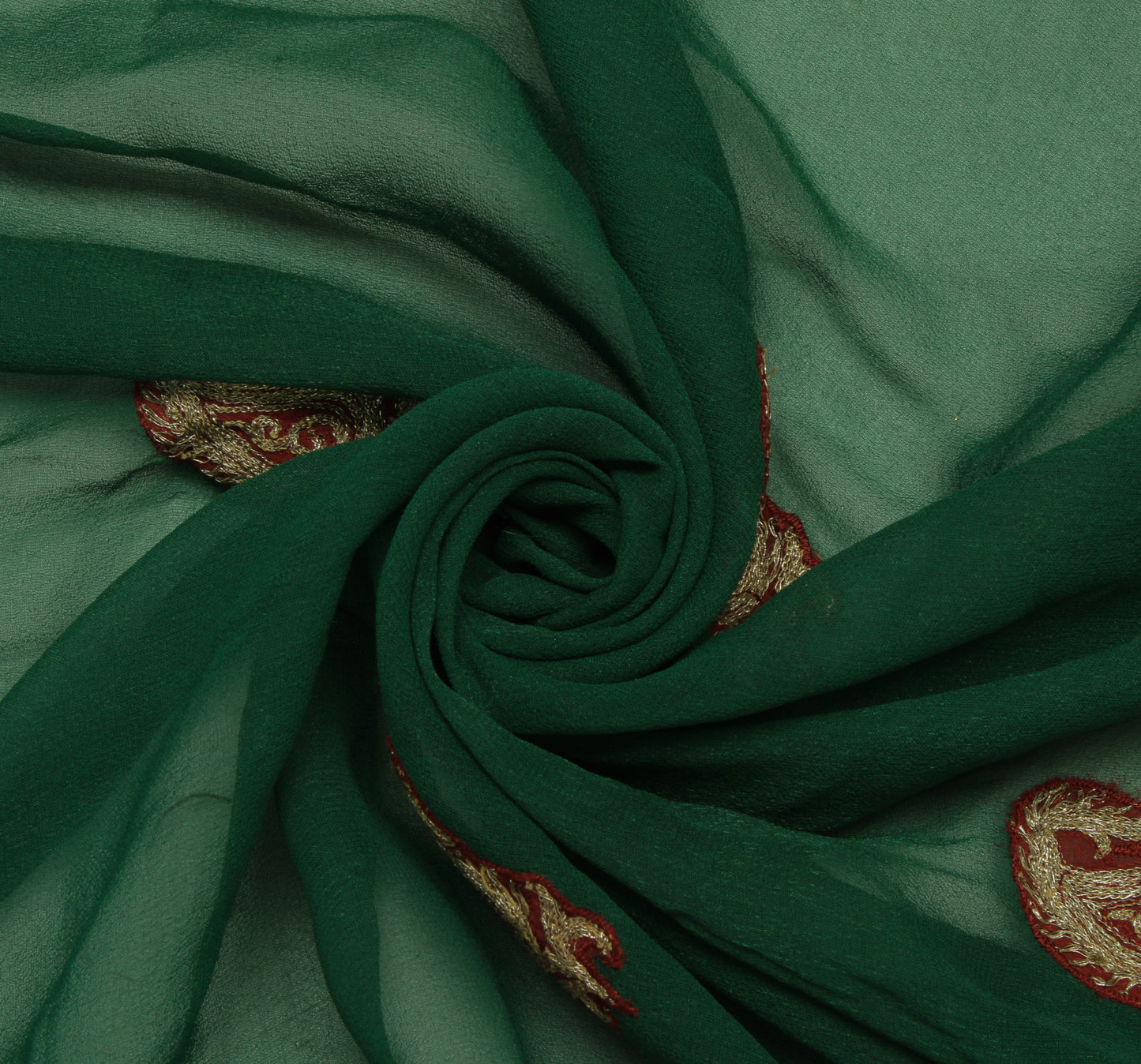 Sushila Vintage Green Sari Remnant Scrap Pure Georgette Embroidered Craft Fabric