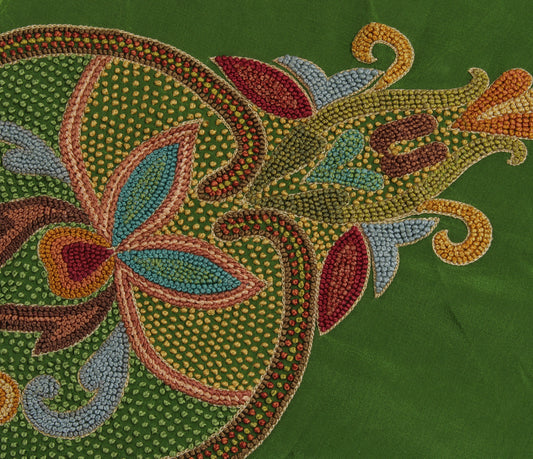 Sushila Vintage Gray Sari Remnant Scrap Pure Crepe Silk Embroidered Craft Fabric