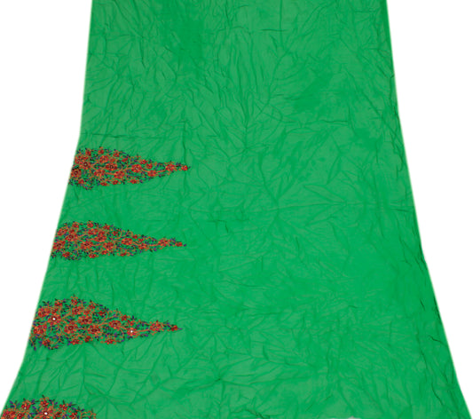 Sushila Vintage Green Sari Remnant Scrap Pure Georgette Embroidered Craft Fabric