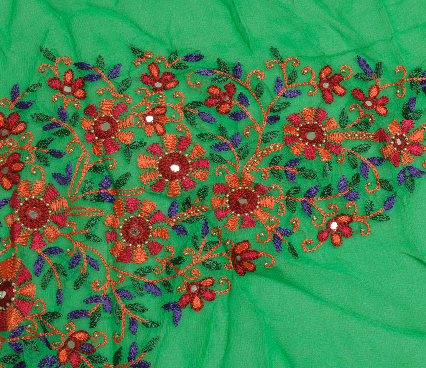 Sushila Vintage Green Sari Remnant Scrap Pure Georgette Embroidered Craft Fabric