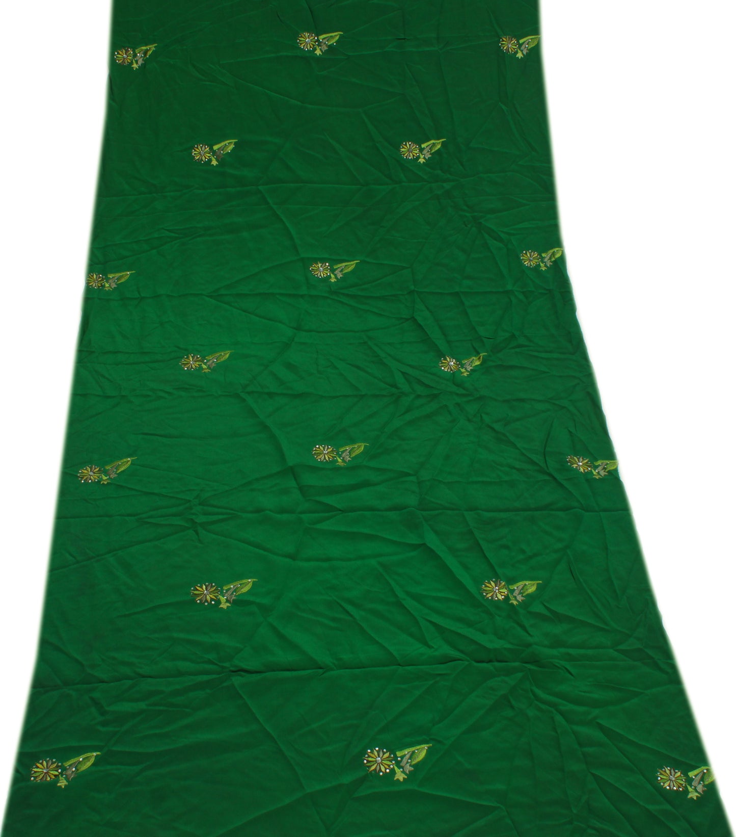 Sushila Vintage Green Sari Remnant Scrap Pure Crepe Embroidered Craft Fabric
