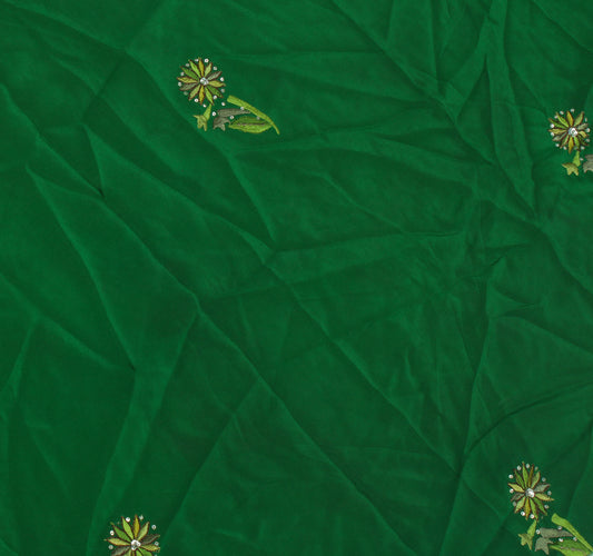Sushila Vintage Green Sari Remnant Scrap Pure Crepe Embroidered Craft Fabric