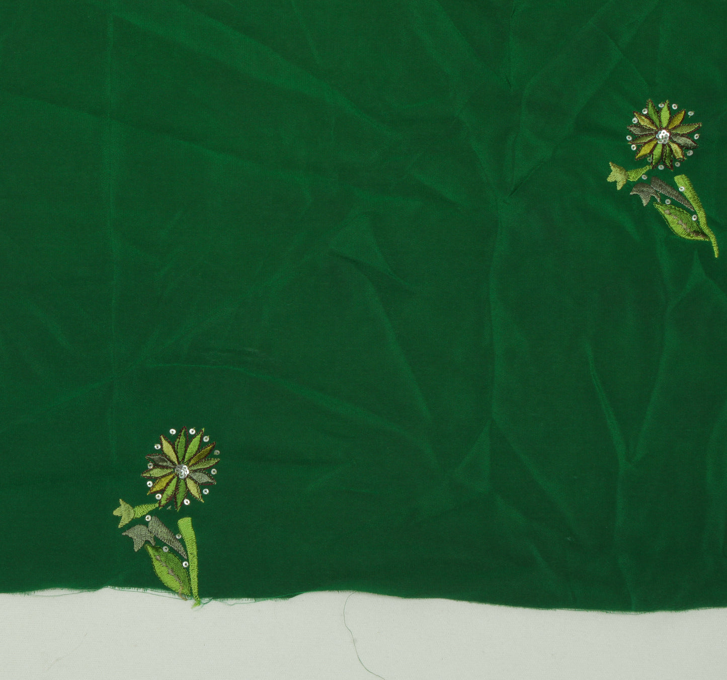 Sushila Vintage Green Sari Remnant Scrap Pure Crepe Embroidered Craft Fabric