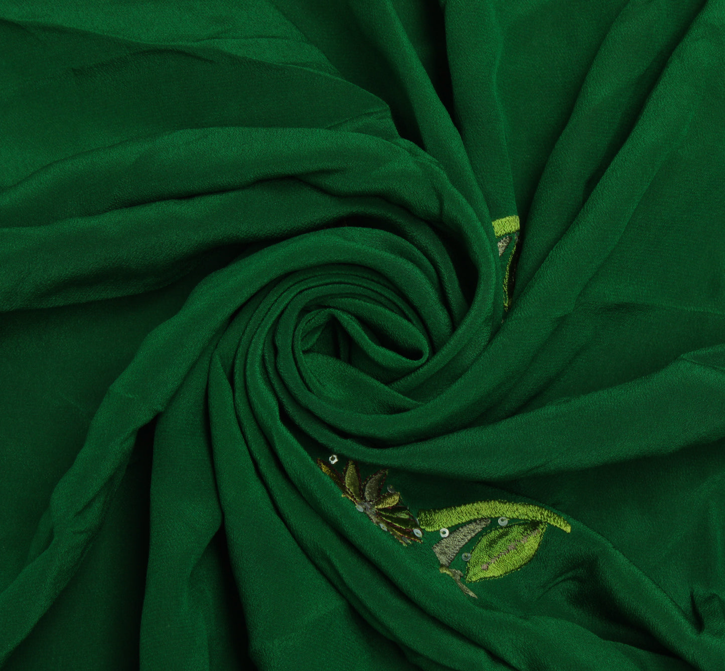 Sushila Vintage Green Sari Remnant Scrap Pure Crepe Embroidered Craft Fabric