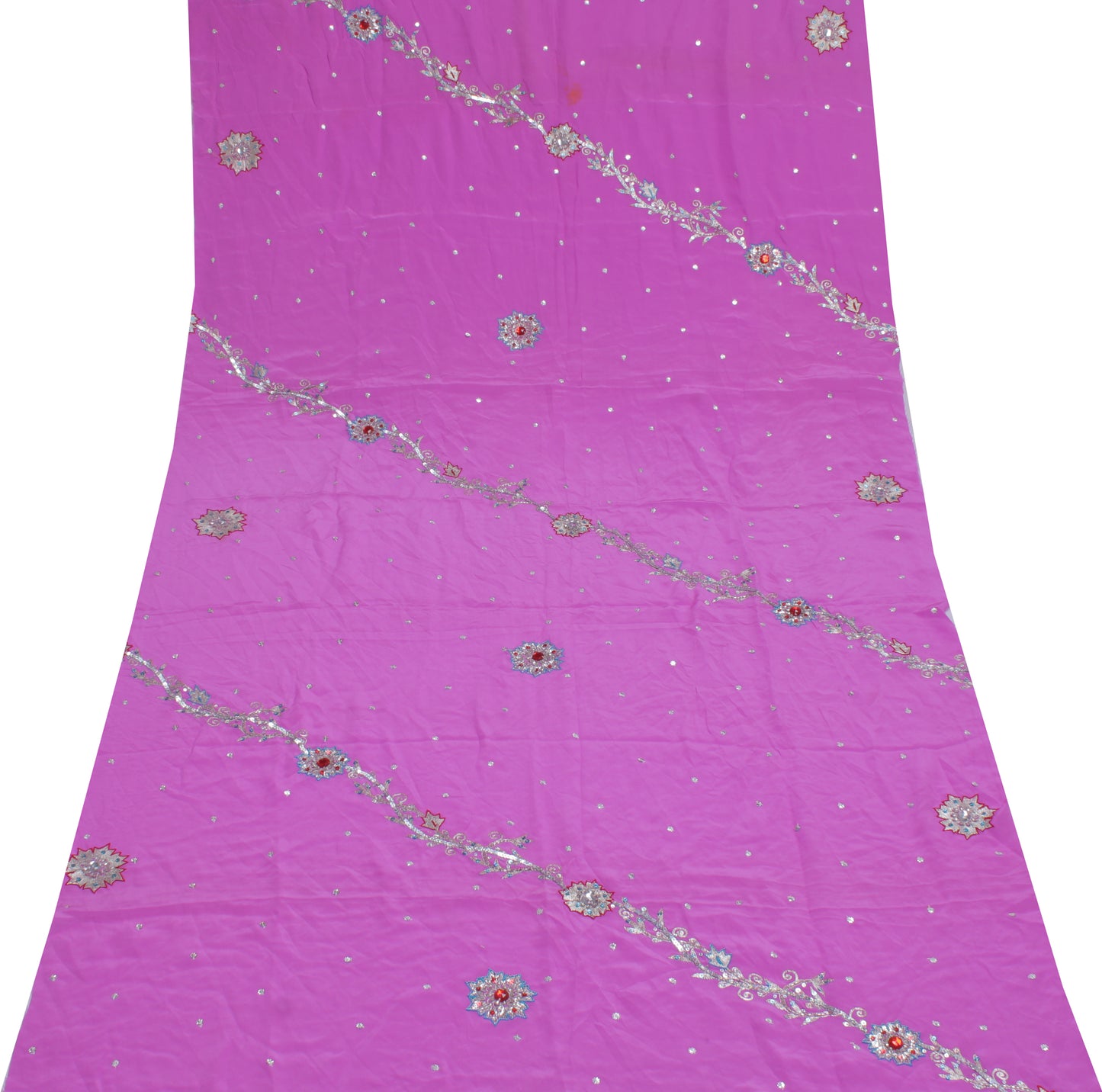 Sushila Vintage Pink Sari Remnant Scrap 100% Pure Silk Embroidered Craft Fabric