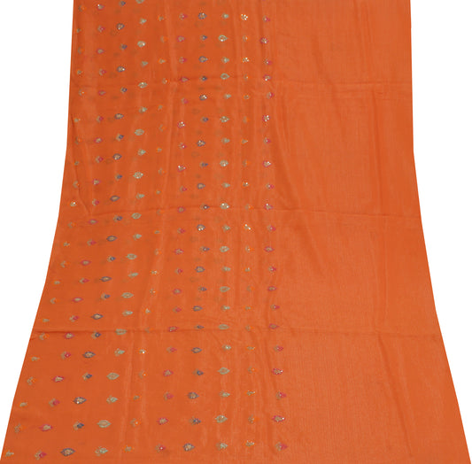 Sushila Vintage Rust Sari Remnant Scrap Pure Georgette Embroidered Craft Fabric