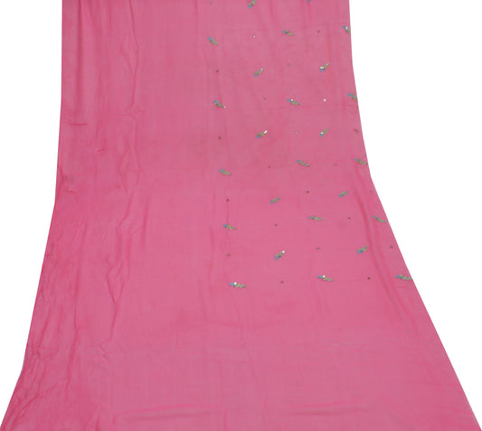 Sushila Vintage Pink Sari Remnant Scrap Pure Georgette Embroidered Craft Fabric