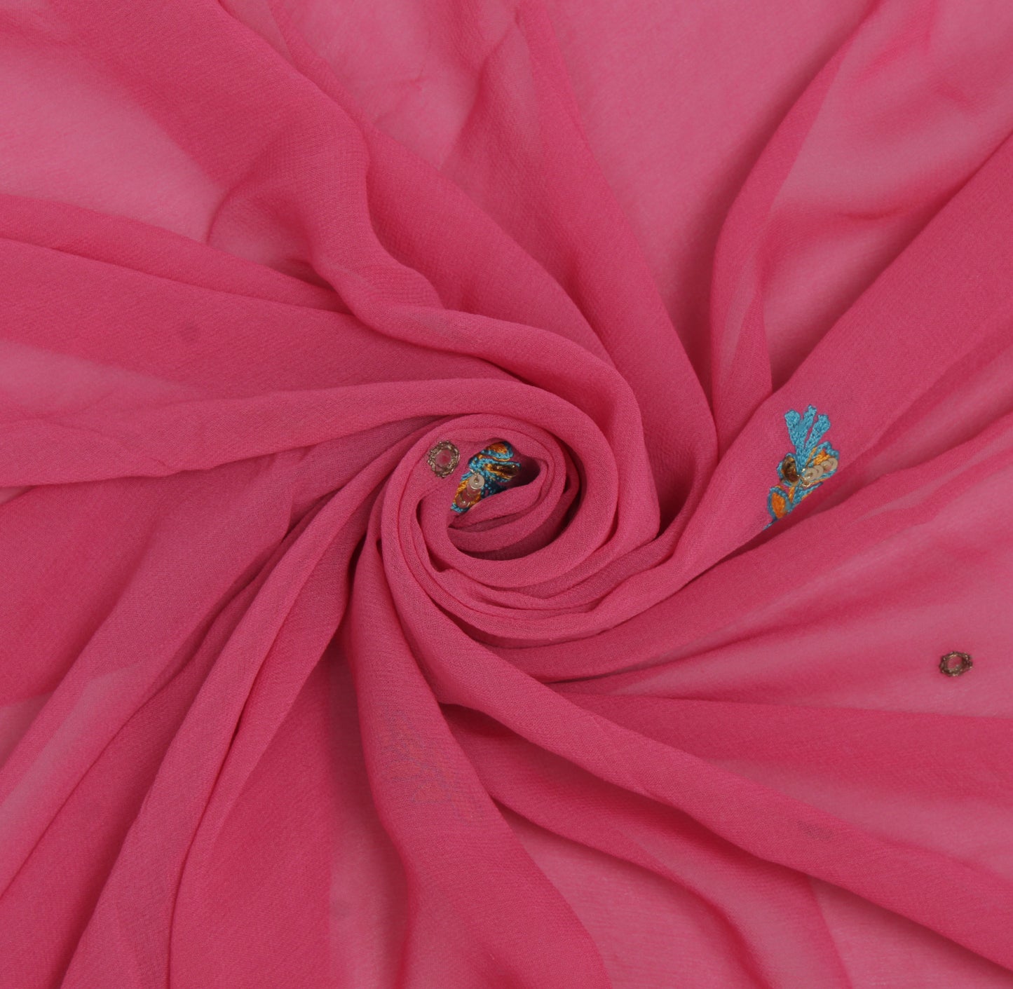 Sushila Vintage Pink Sari Remnant Scrap Pure Georgette Embroidered Craft Fabric