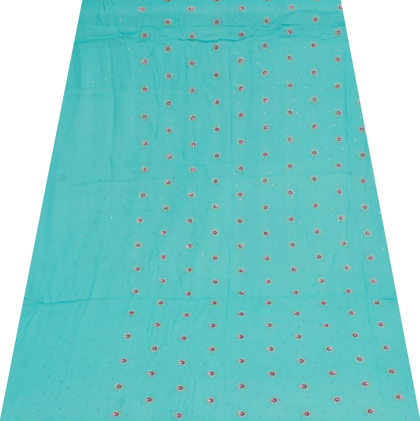 Sushila Vintage Blue Sari Remnant Scrap Pure Georgette Embroidered Craft Fabric
