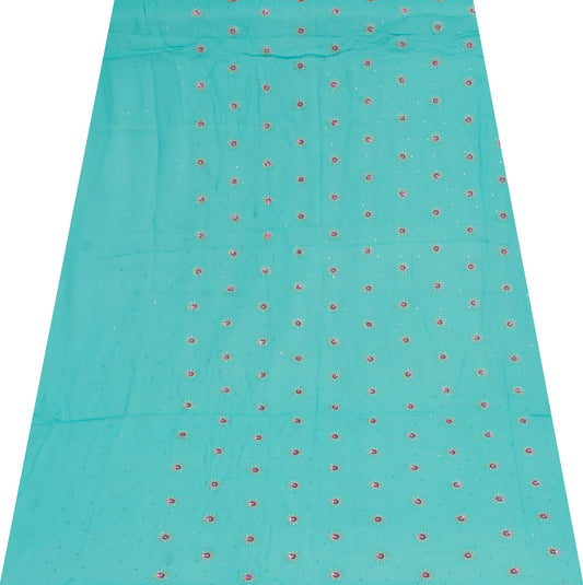 Sushila Vintage Blue Sari Remnant Scrap Pure Georgette Embroidered Craft Fabric