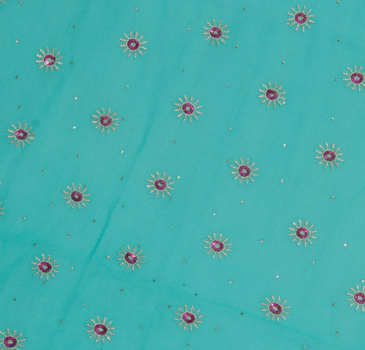 Sushila Vintage Blue Sari Remnant Scrap Pure Georgette Embroidered Craft Fabric