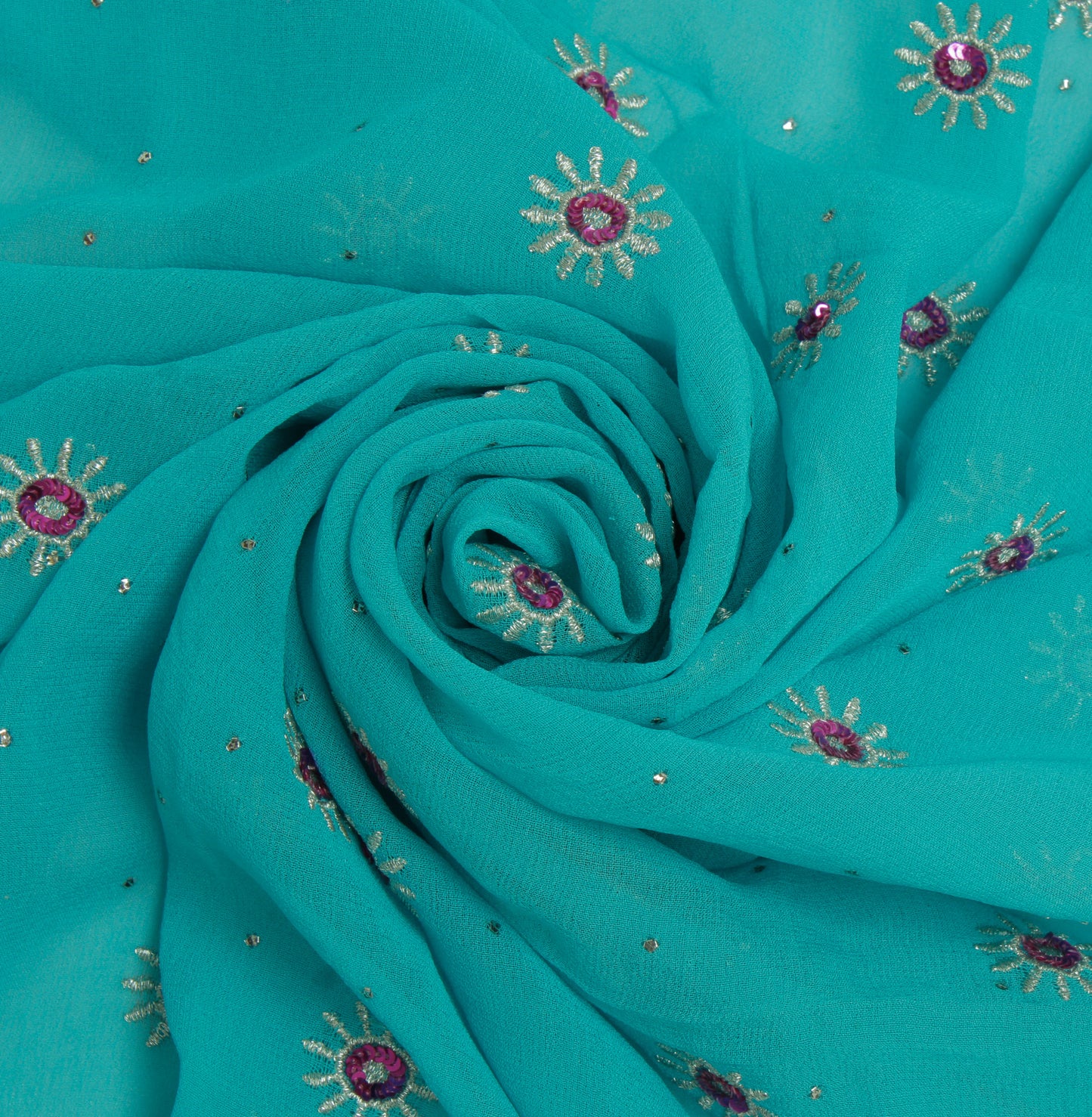 Sushila Vintage Blue Sari Remnant Scrap Pure Georgette Embroidered Craft Fabric