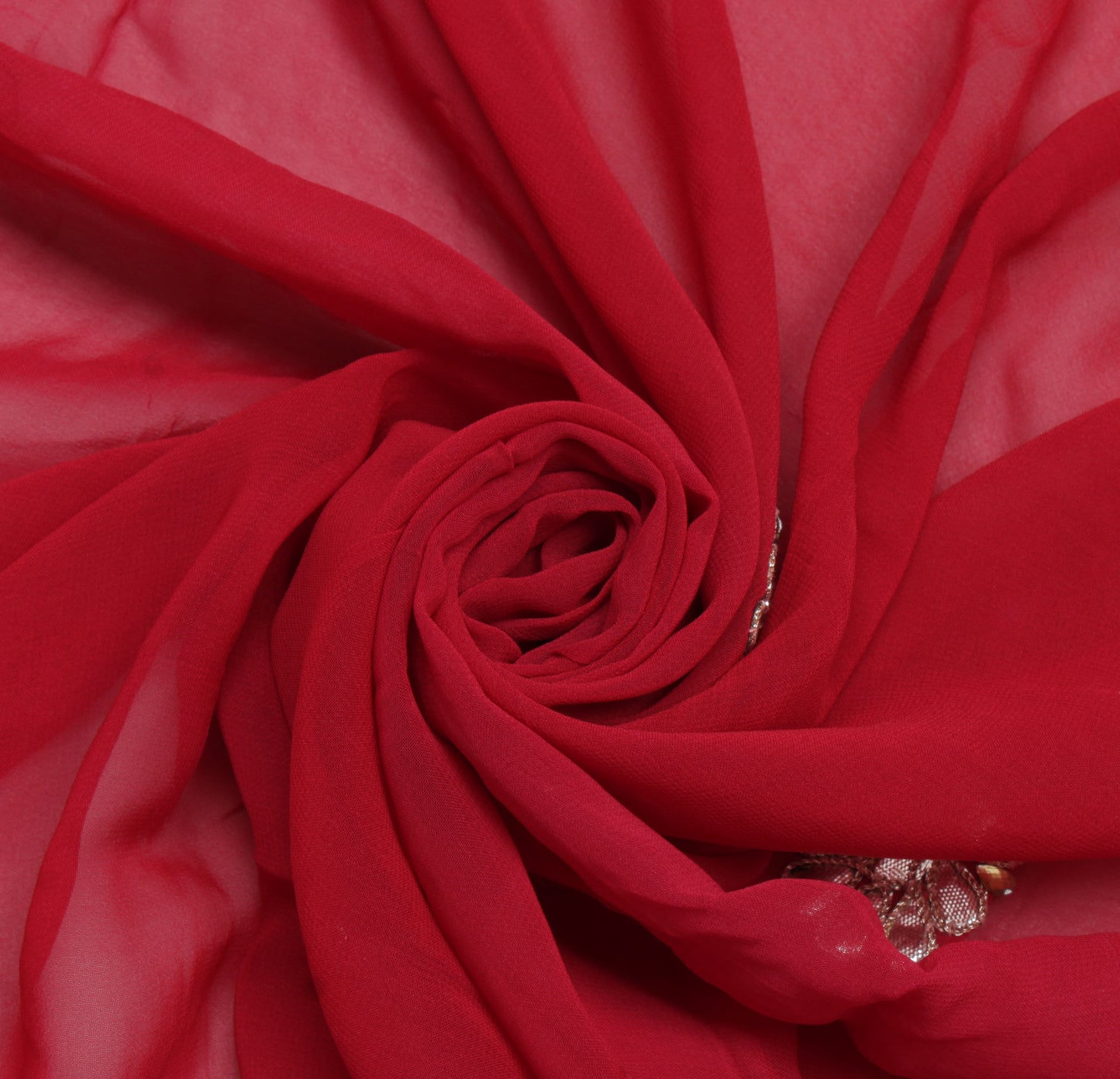 Sushila Vintage Red Sari Remnant Scrap Pure Georgette Hand Beaded Craft Fabric