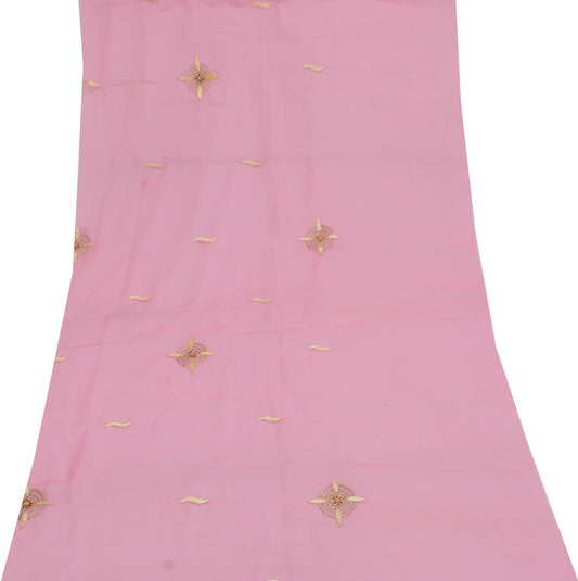 Sushila Vintage Pink Sari Remnant Scrap Blend Georgette Embroidered Craft Fabric