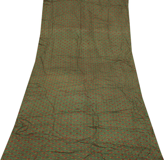 Sushila Vintage Green Sari Remnant Scrap Pure Georgette Silk Floral Craft Fabric
