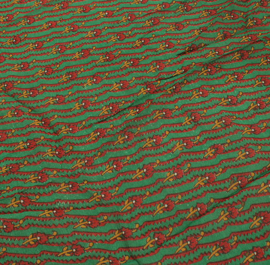 Sushila Vintage Green Sari Remnant Scrap Pure Georgette Silk Floral Craft Fabric