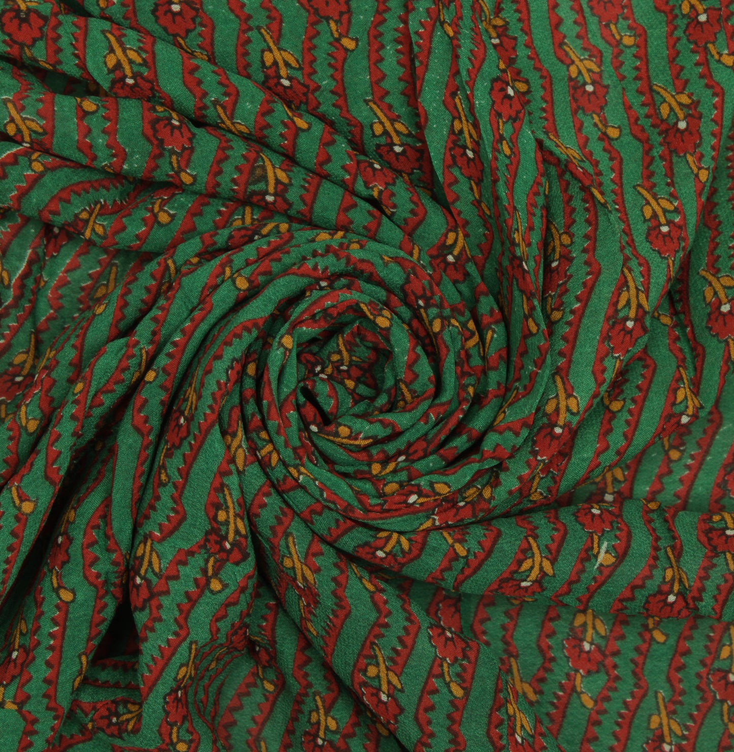 Sushila Vintage Green Sari Remnant Scrap Pure Georgette Silk Floral Craft Fabric