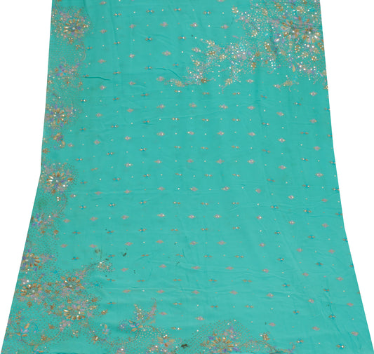 Sushila Vintage Blue Sari Remnant Scrap Pure Georgette Hand Work Craft Fabric