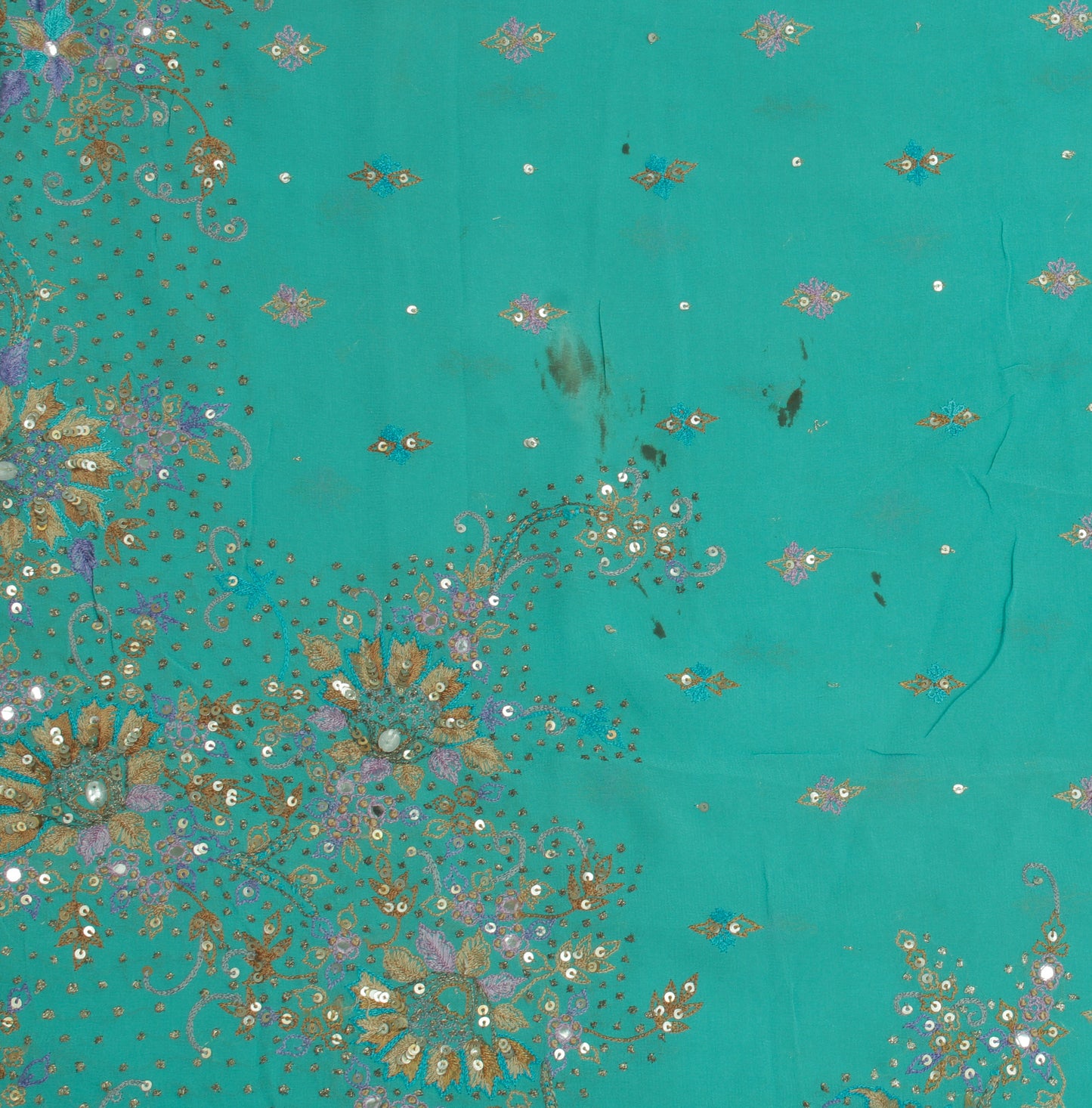 Sushila Vintage Blue Sari Remnant Scrap Pure Georgette Hand Work Craft Fabric