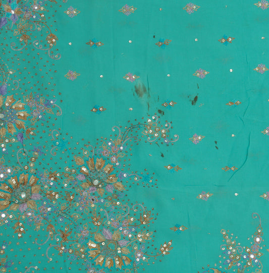 Sushila Vintage Blue Sari Remnant Scrap Pure Georgette Hand Work Craft Fabric