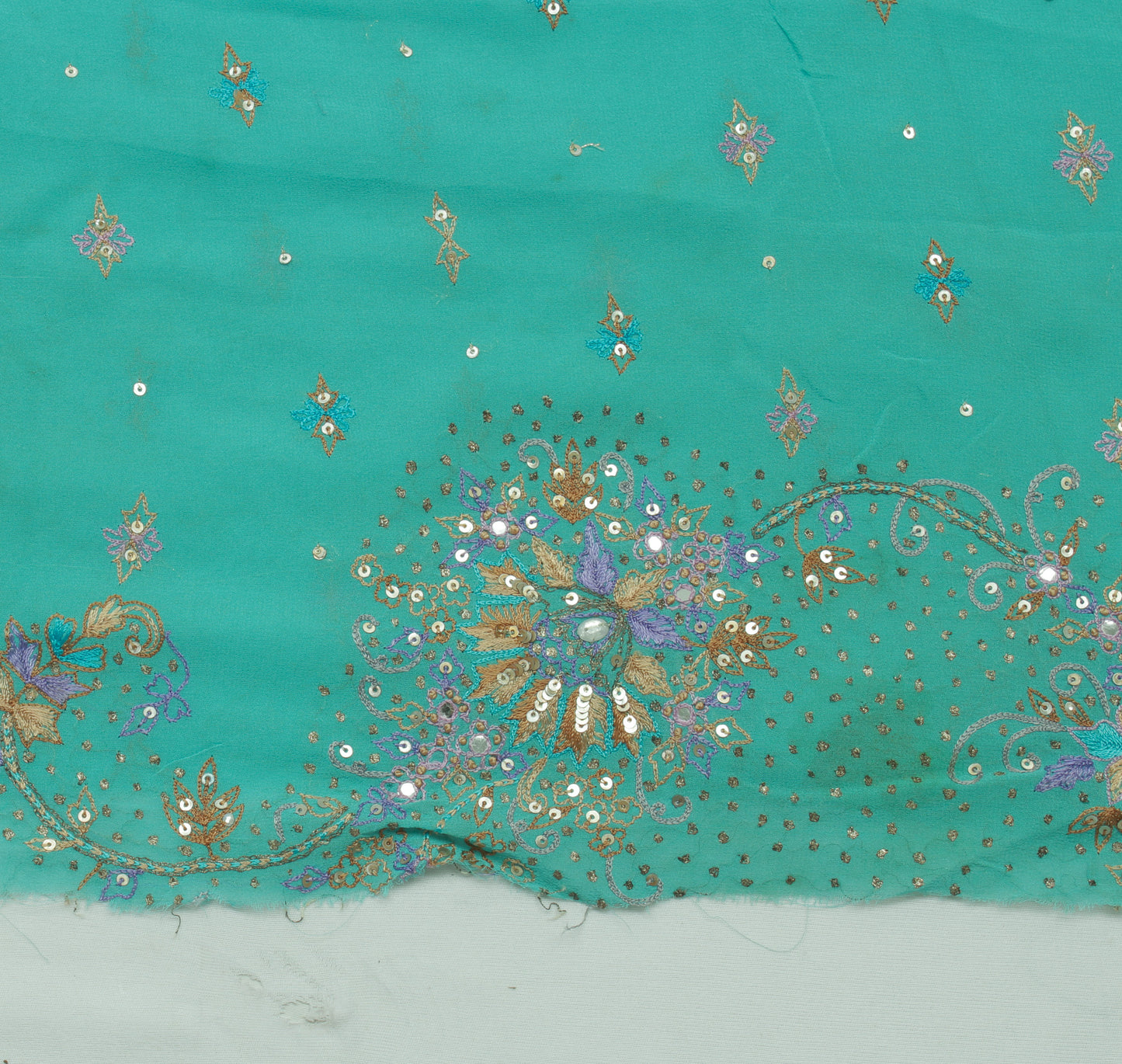 Sushila Vintage Blue Sari Remnant Scrap Pure Georgette Hand Work Craft Fabric
