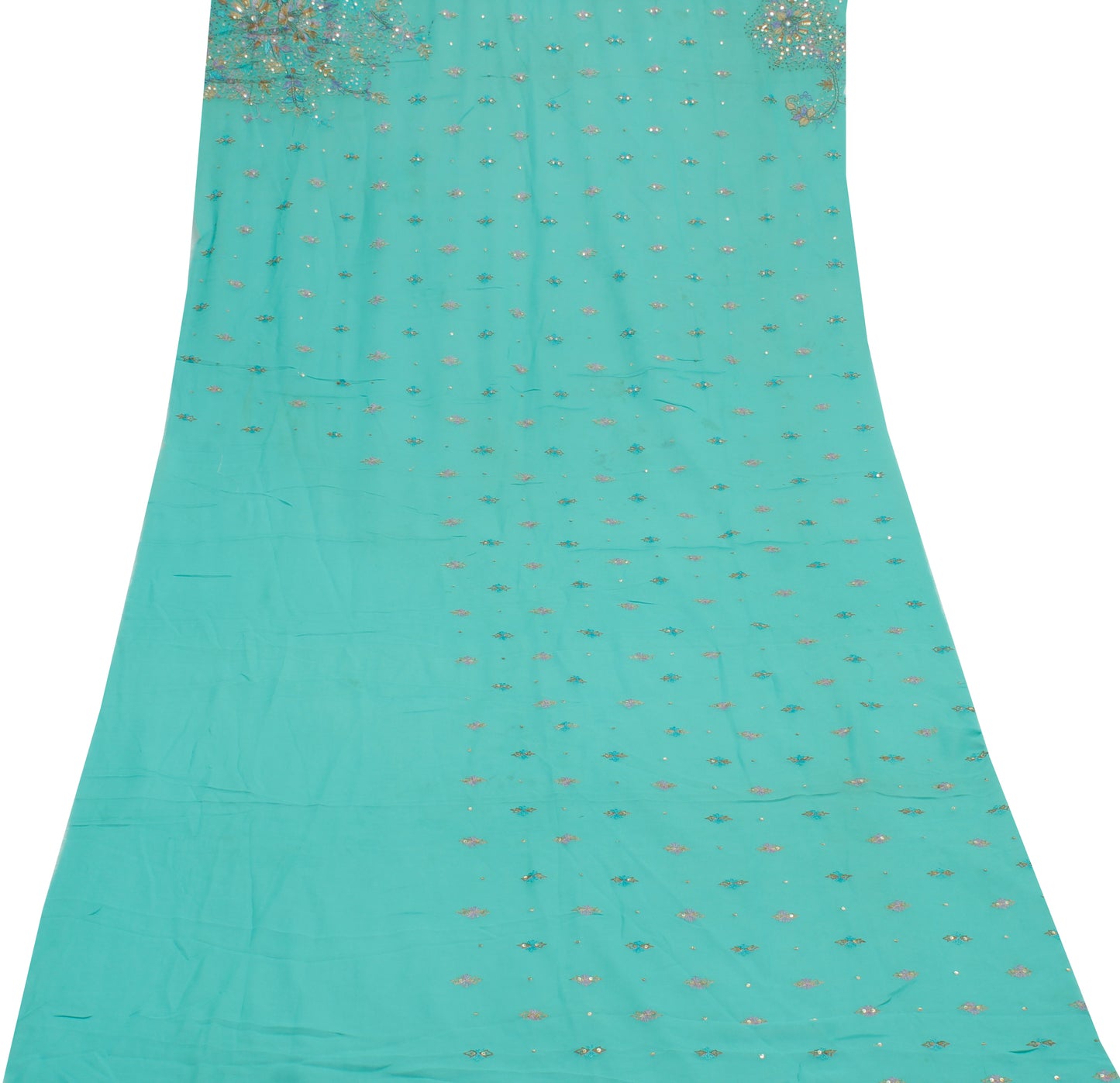 Sushila Vintage Blue Sari Remnant Scrap Pure Georgette Hand Work Craft Fabric