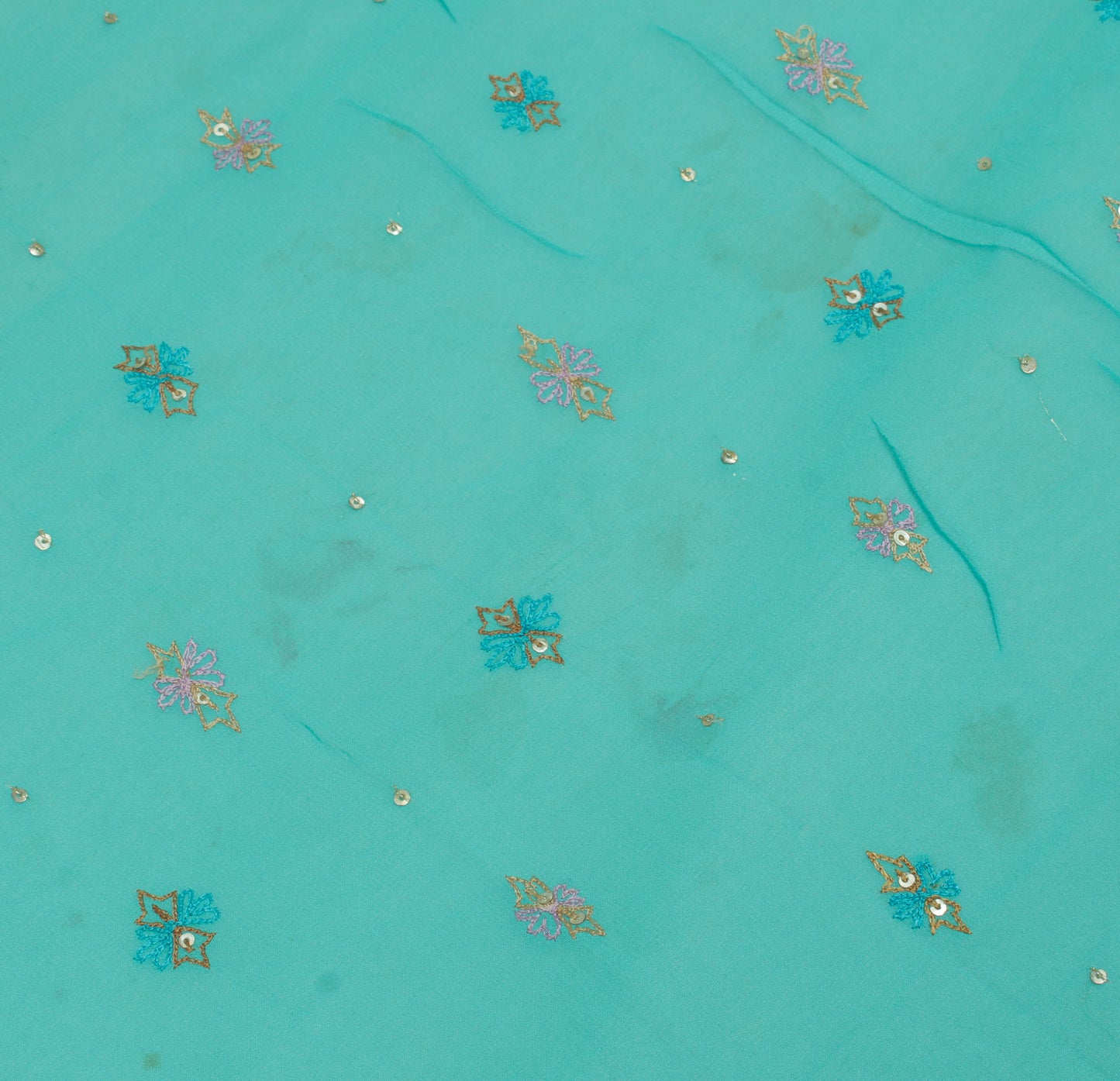 Sushila Vintage Blue Sari Remnant Scrap Pure Georgette Hand Work Craft Fabric