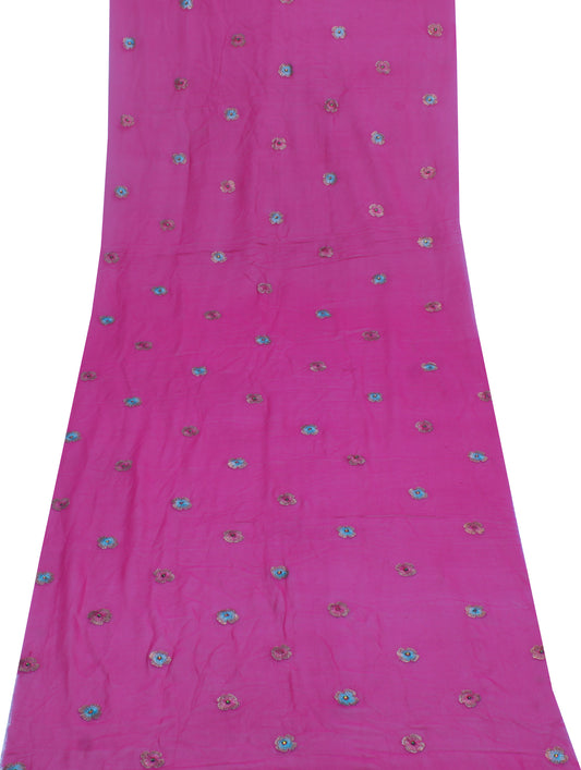 Sushila Vintage Magenta Sari Remnant Scrap Pure Georgette Embroidered Fabric