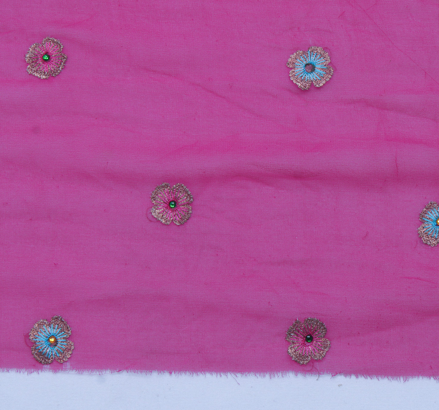 Sushila Vintage Magenta Sari Remnant Scrap Pure Georgette Embroidered Fabric