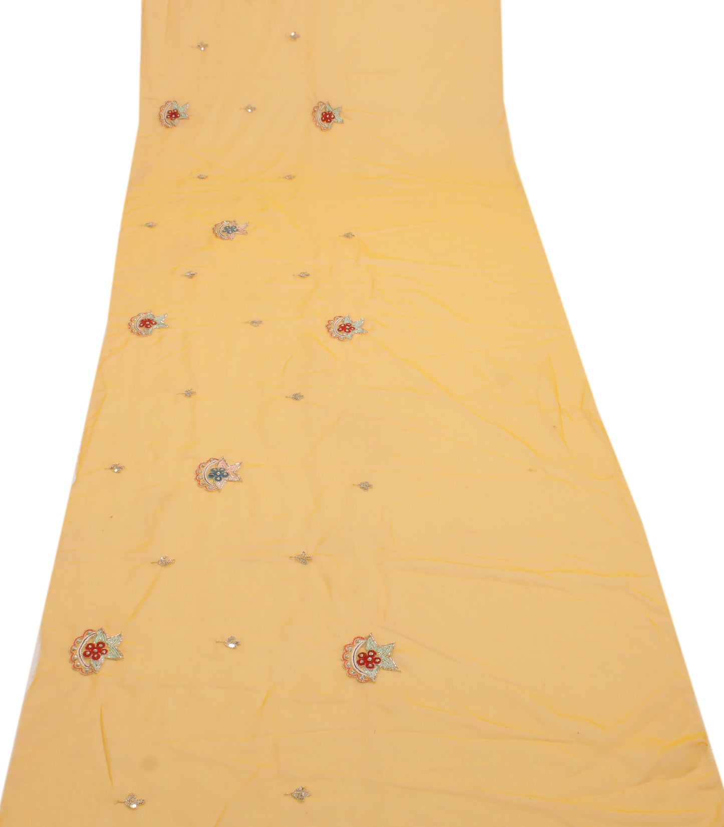 Sushila Vintage Yellow Sari Remnant Scrap Blend Georgette Hand Beaded Fabric