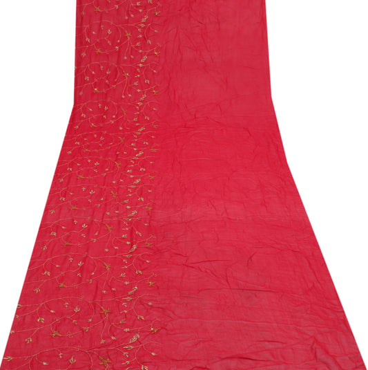 Sushila Vintage Red Sari Remnant Scrap Pure Georgette Embroidered Craft Fabric