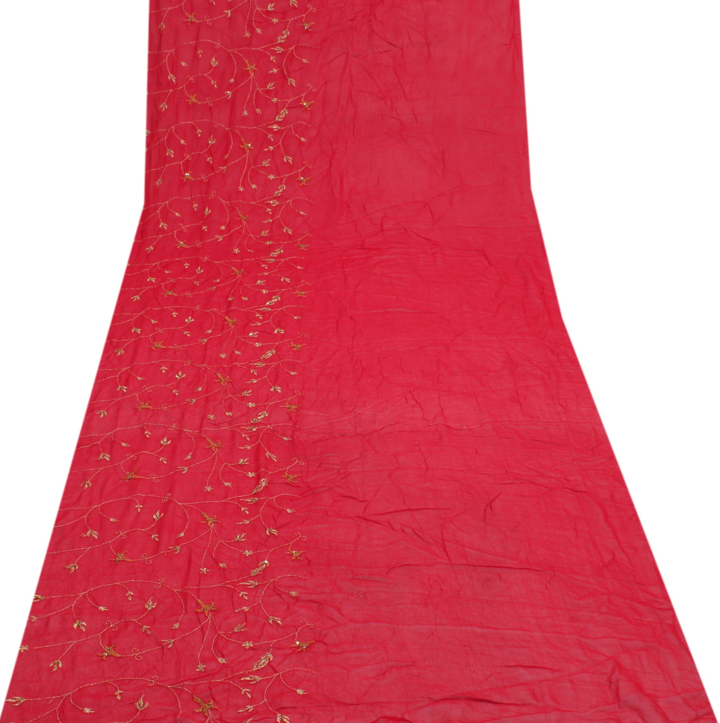 Sushila Vintage Red Sari Remnant Scrap Pure Georgette Embroidered Craft Fabric