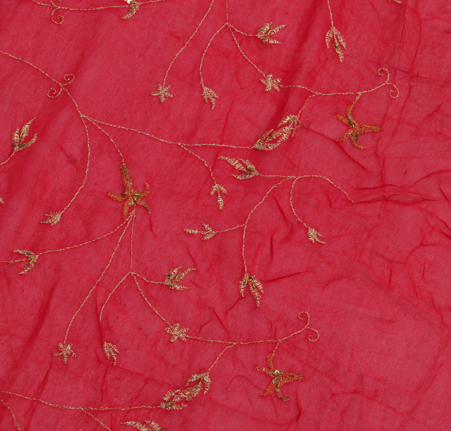 Sushila Vintage Red Sari Remnant Scrap Pure Georgette Embroidered Craft Fabric